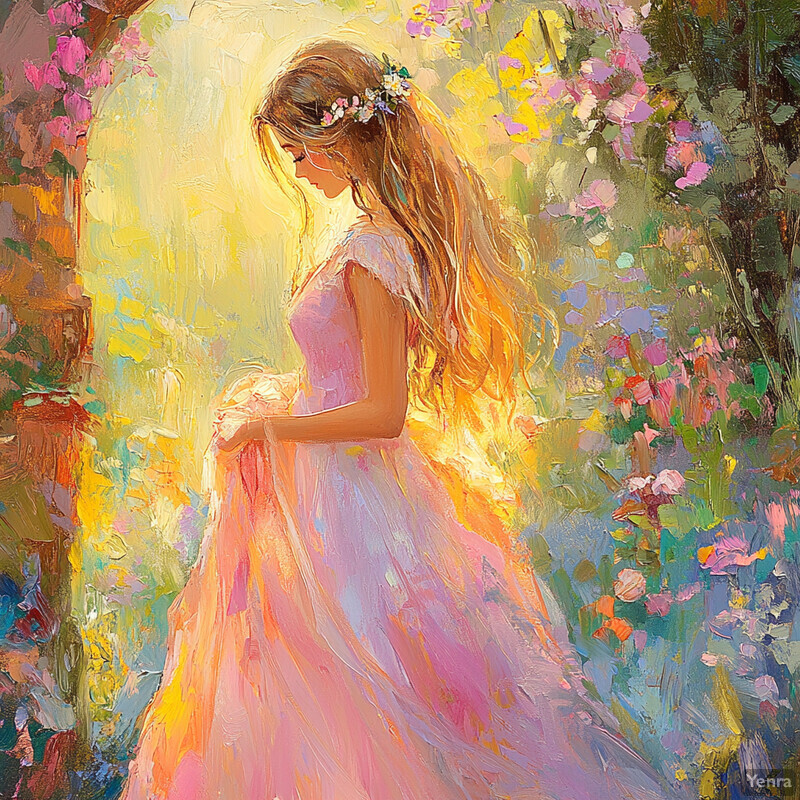 A serene and idyllic scene of a woman in a pink dress standing amidst a lush garden filled with vibrant flowers