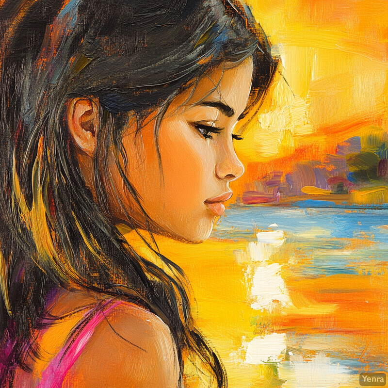 A young girl gazes out at a tranquil lake scene during sunset.