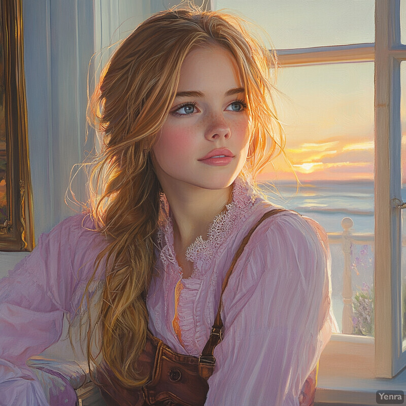 A young woman gazes out at a sunset from an open window