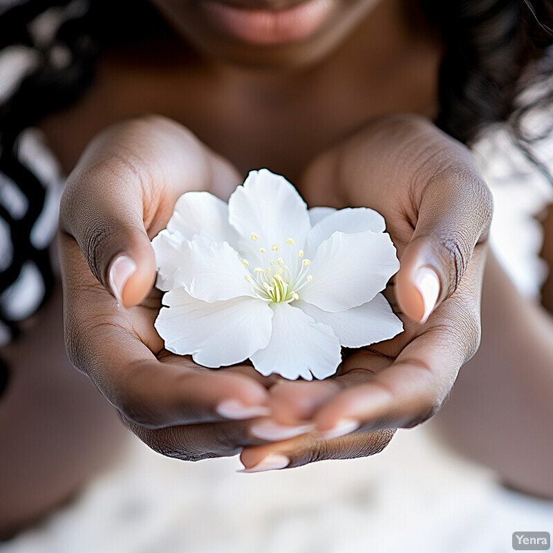 A person holding a white flower