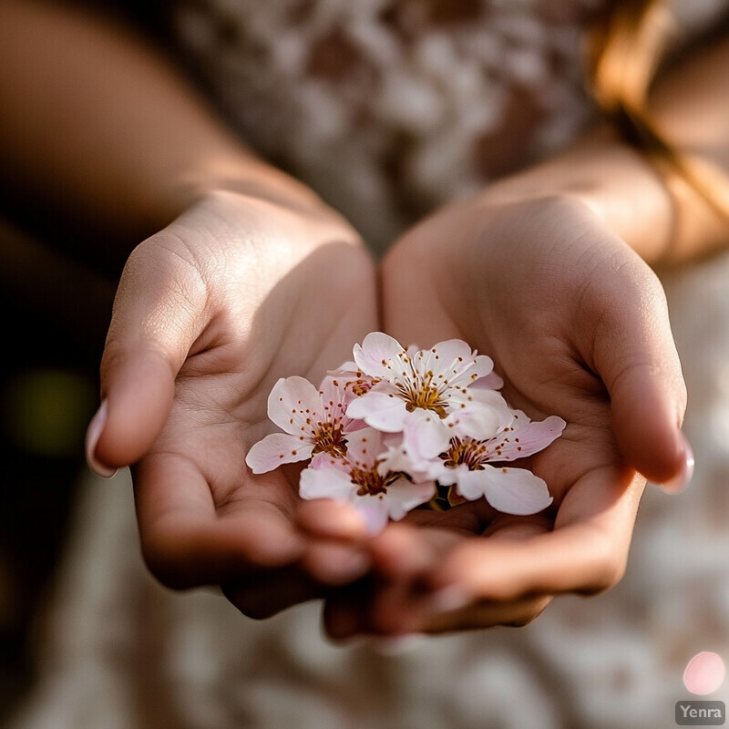 A person holds a bouquet of pale pink flowers in their cupped hands.