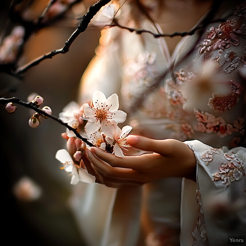 A serene and intimate scene featuring delicate hands cradling blossoming tree branches.