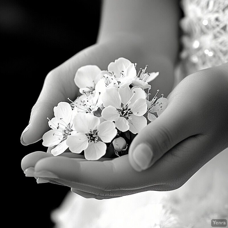 A woman cradles a cluster of white flowers in her hands.