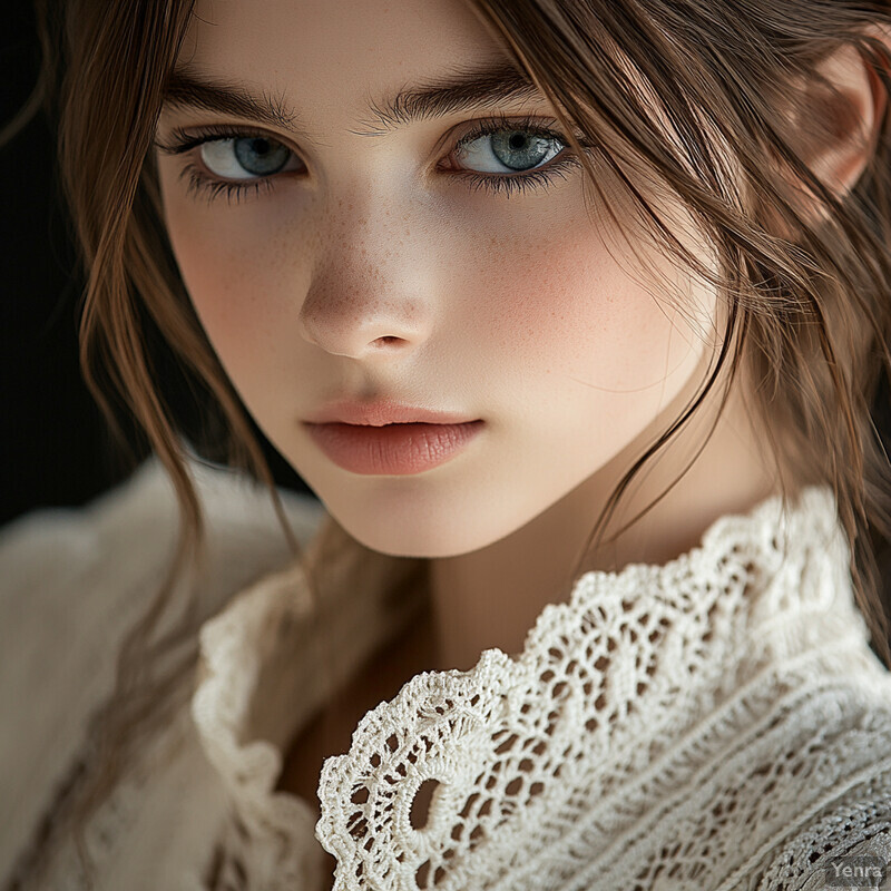 A young woman with fair skin and blue eyes gazes directly at the camera, wearing a delicate lace collar that adds elegance to her overall appearance.