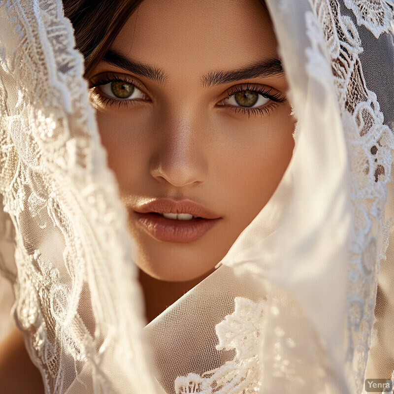 A close-up portrait of a woman in white wedding attire, partially concealed by a lace veil.