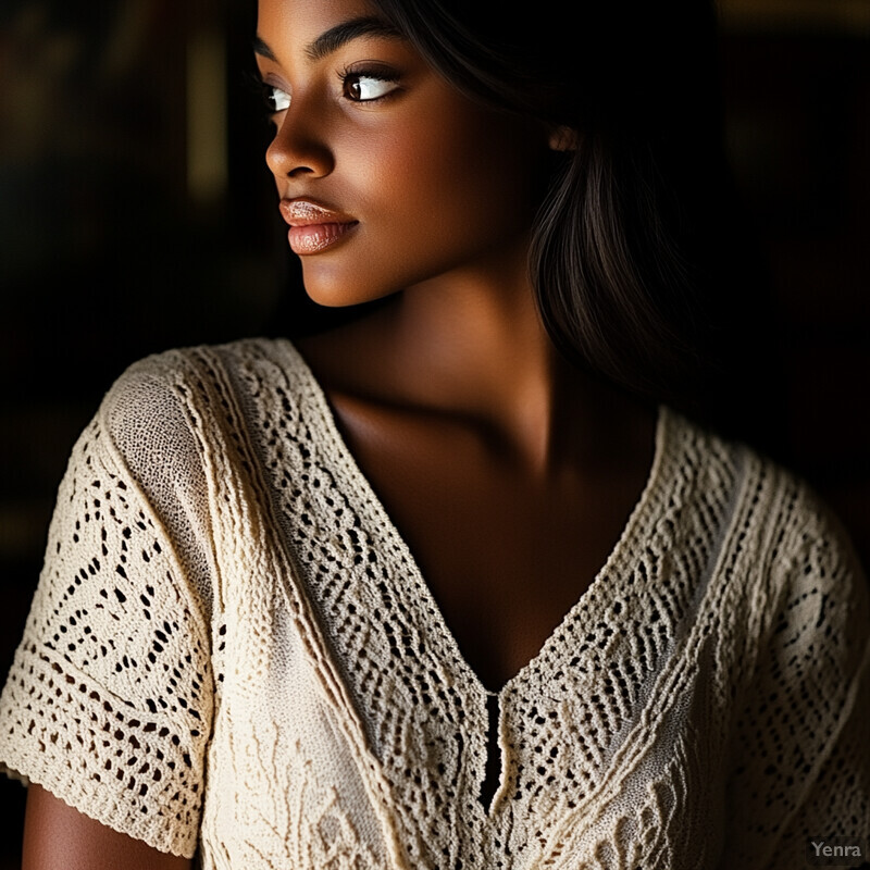 African American woman in cream-colored crochet top