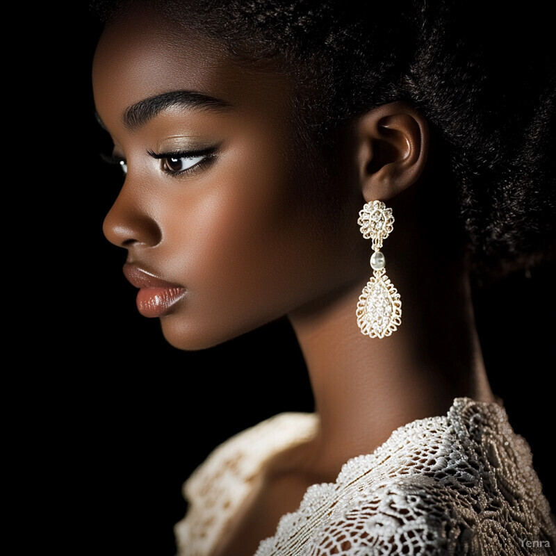 A close-up profile of a woman with dark skin and brown eyes, set against a gray background.