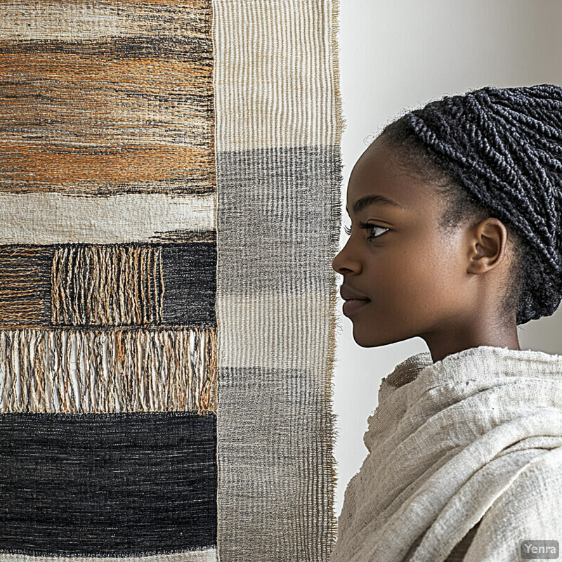 African American woman standing beside a tapestry with abstract designs