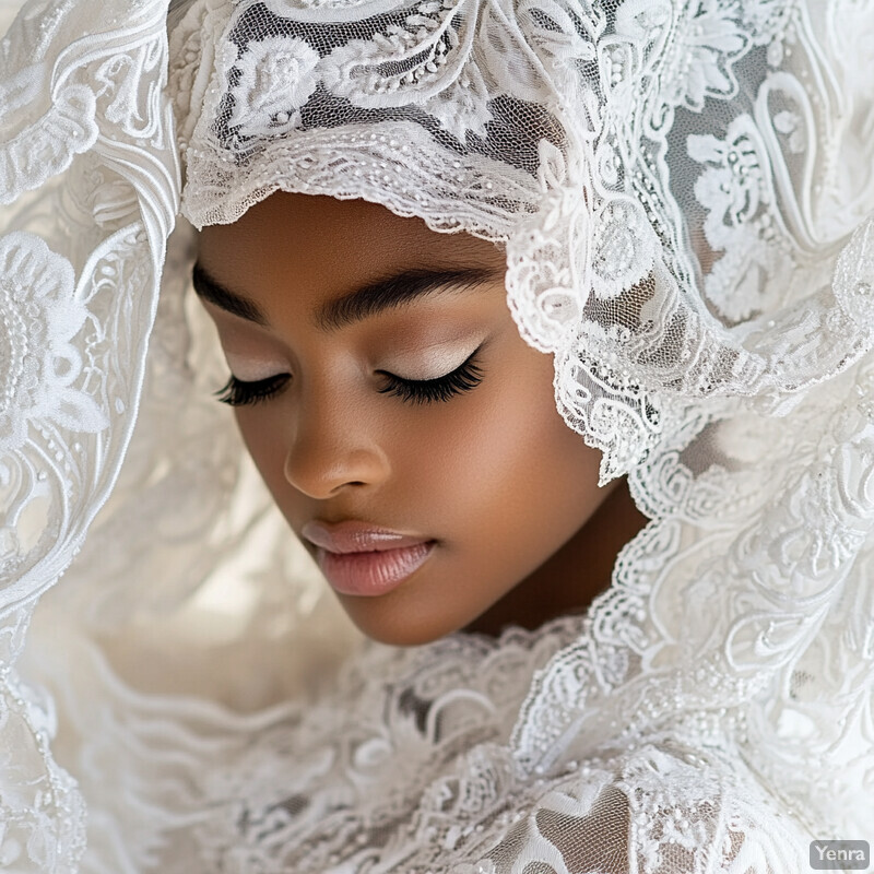 A serene portrait of a woman with her eyes closed, wearing a white lace veil or head covering.