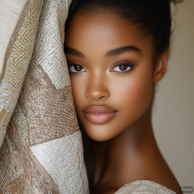 A young woman with dark skin and black hair styled in an updo gazes directly at the camera while resting her head against a textured fabric, conveying a sense of calmness and serenity.