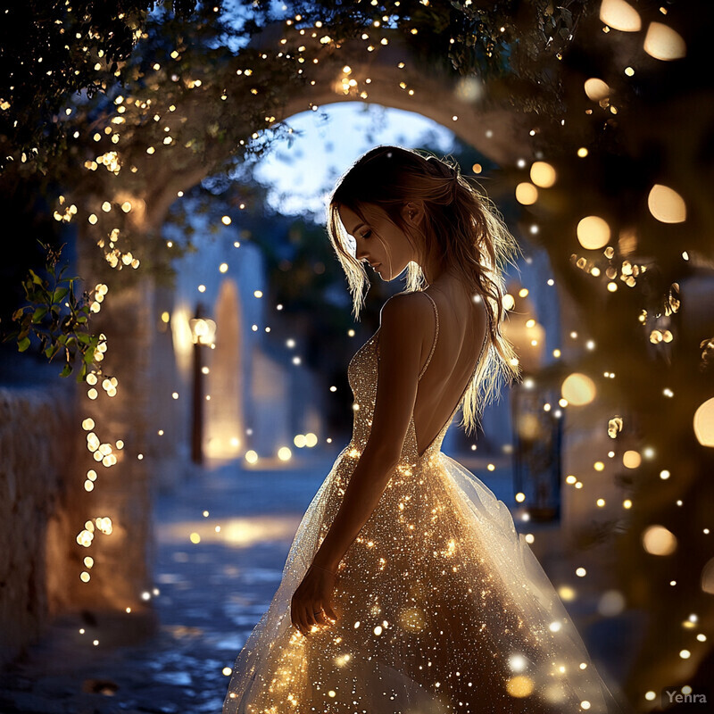 A woman stands in an archway adorned with string lights, wearing a sleeveless dress embellished with sequins or beads.