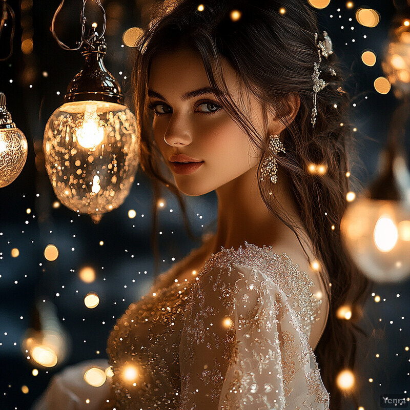 A young woman with long brown hair and fair skin wears a white dress adorned with lace sleeves, standing amidst twinkling lights.