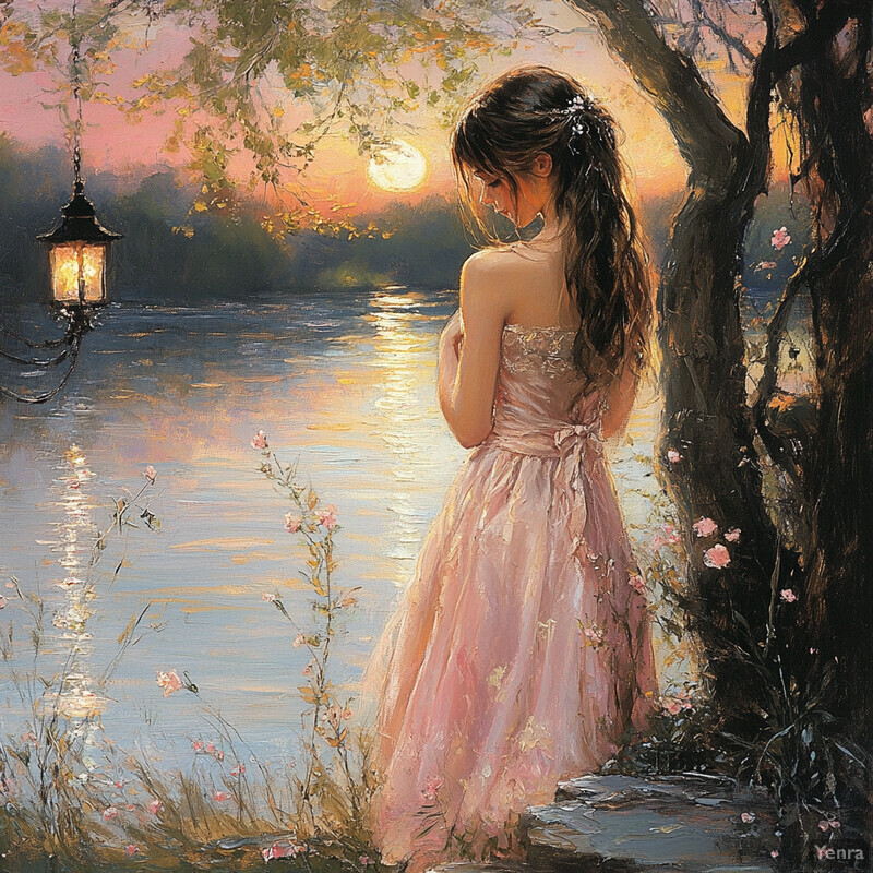 A woman stands by a lake at twilight, gazing out at the tranquil water as the sun sets behind her.