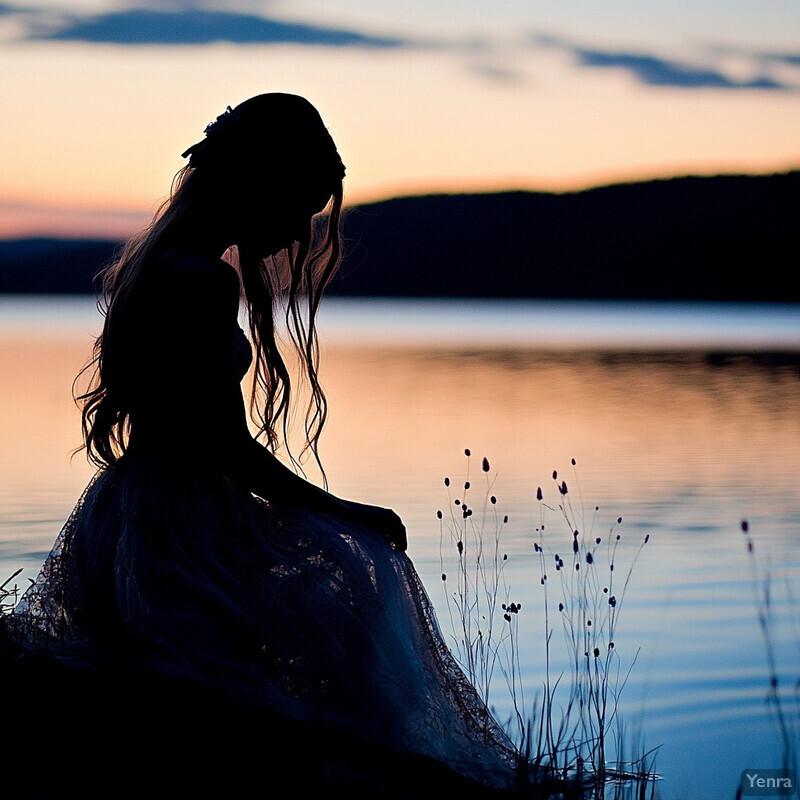 Silhouette of a woman in a wedding dress sitting on the shore of a lake