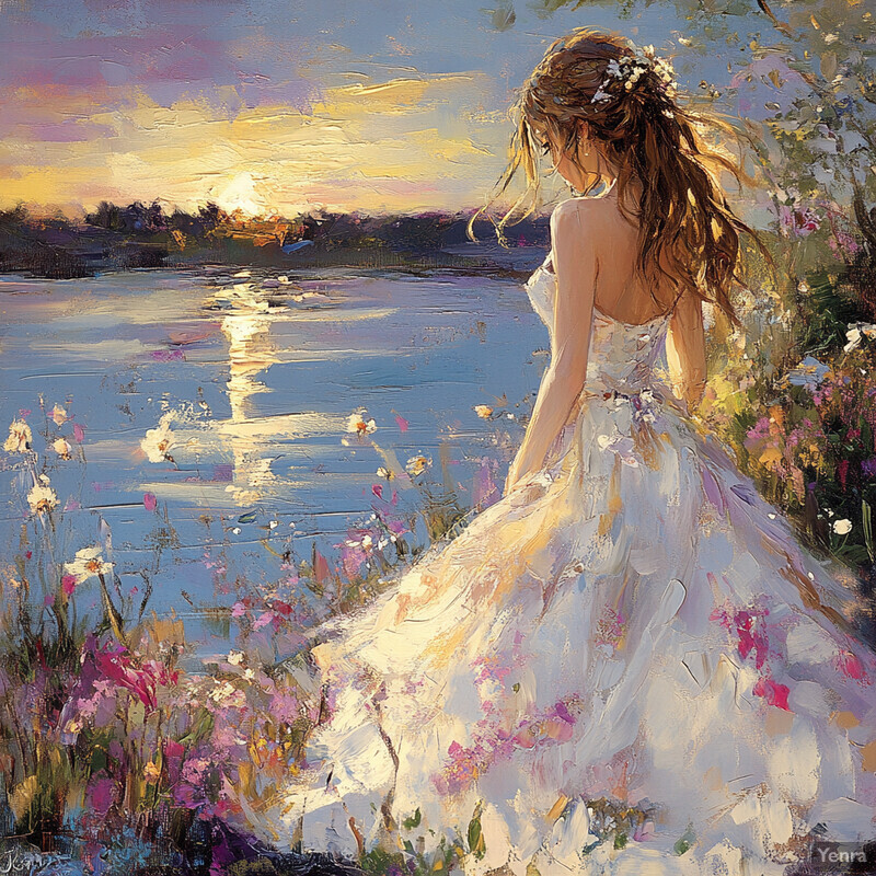 A woman in a white wedding dress stands by a body of water at sunset or sunrise, lost in thought and surrounded by beauty.