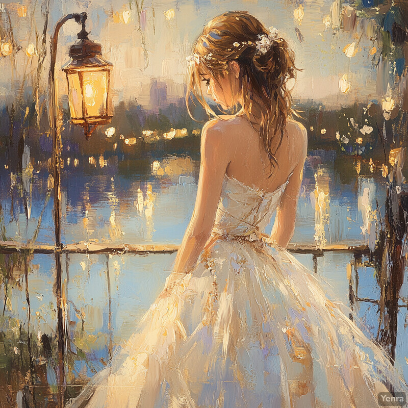 A woman in a white wedding dress stands on a balcony overlooking a body of water at dusk or dawn, captured in an impressionist painting.