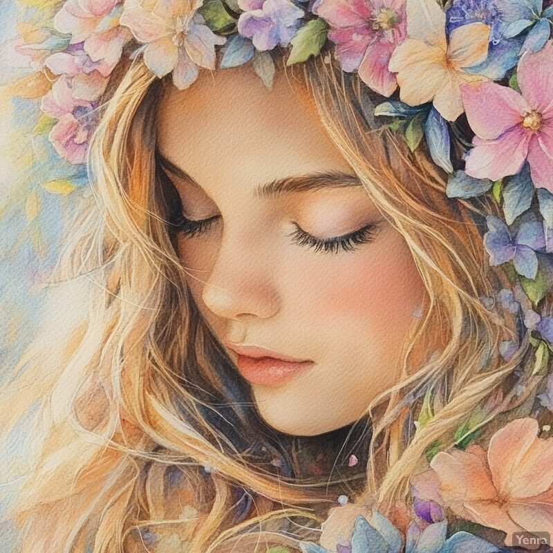 A serene and peaceful scene of a woman with long blonde hair adorned with flowers.