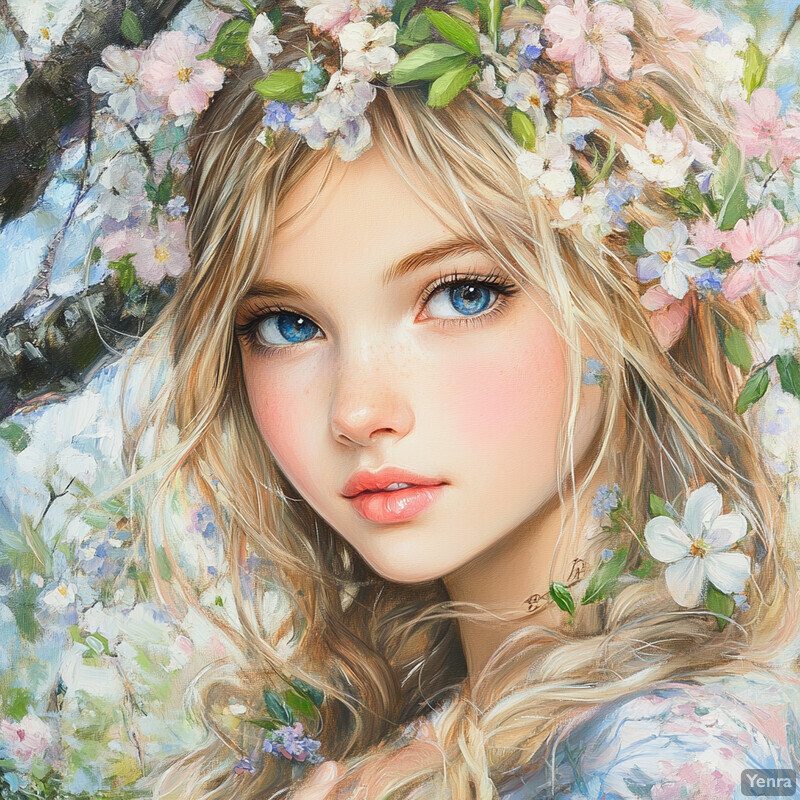 A young woman surrounded by flowers in a serene atmosphere