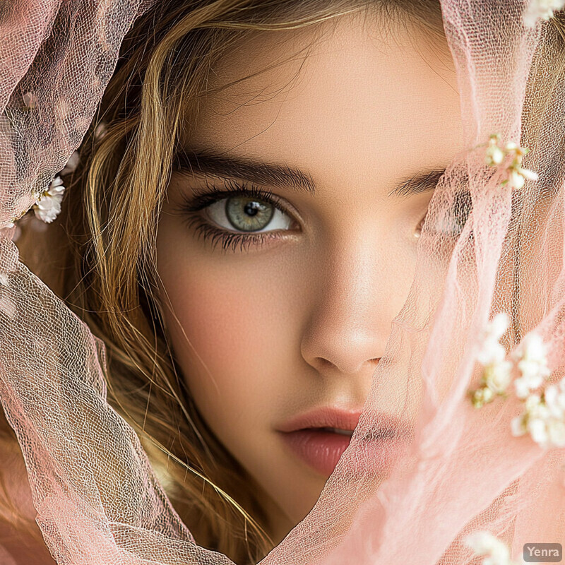 A young girl with blue eyes and blonde hair is partially obscured by a pink veil adorned with small white flowers.