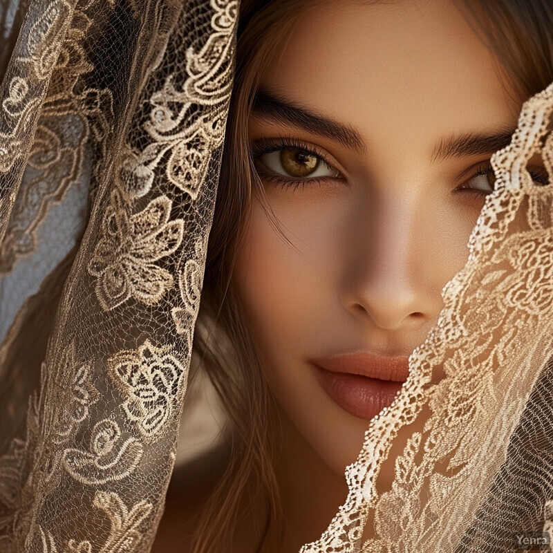 A captivating portrait of a woman with striking green eyes and long brown hair, partially concealed by a lace veil.