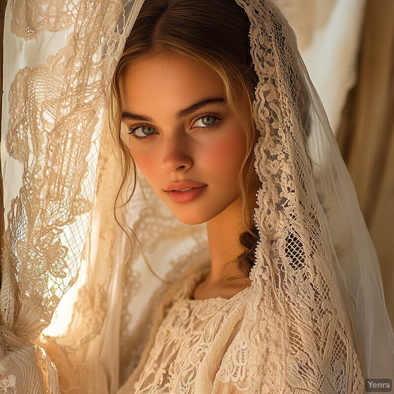 A woman in a white lace wedding dress and veil exudes elegance and sophistication.