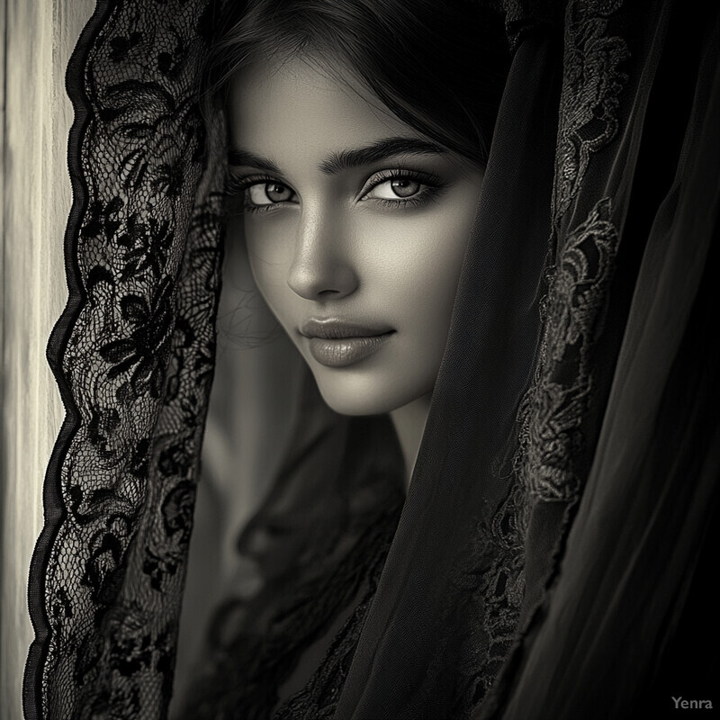 A woman gazes directly at the camera through a sheer black lace veil, her face illuminated by soft lighting.