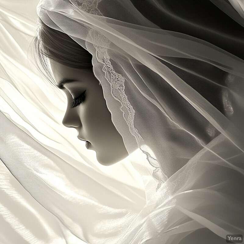 A woman wears a white veil with lace trim, set against a soft light-colored background.