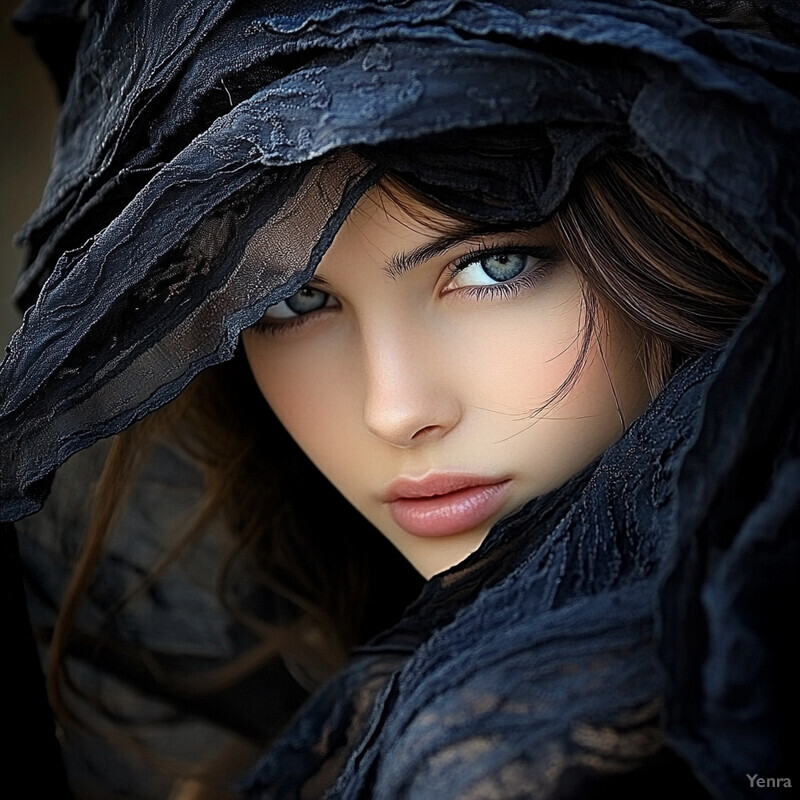 A woman with a subtle expression looks directly at the camera, partially covered by a black lace veil.