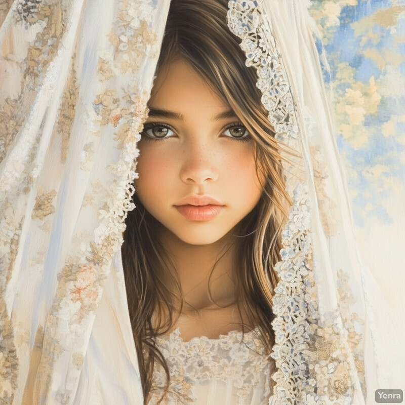 A young girl with a white lace veil and dress, partially obscuring her face, in front of a blurred background.