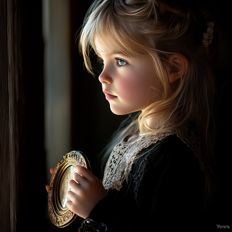 A young girl with long blonde hair and blue eyes, dressed in a black dress, holding an ornate gold picture frame and gazing out at something outside.