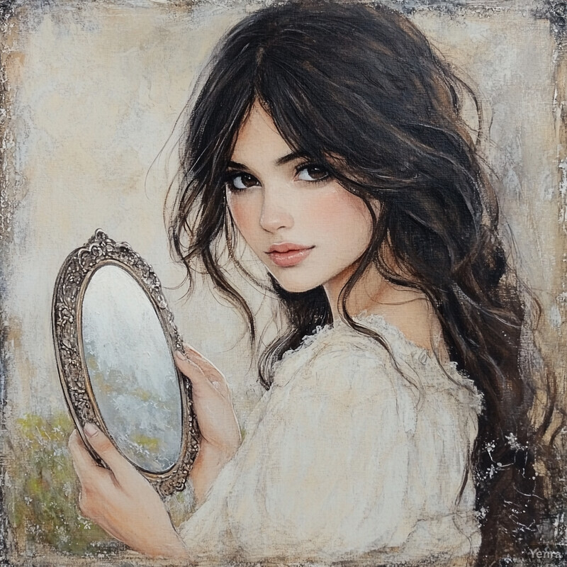 A young woman with dark hair holds an ornate mirror in front of a plain beige background.