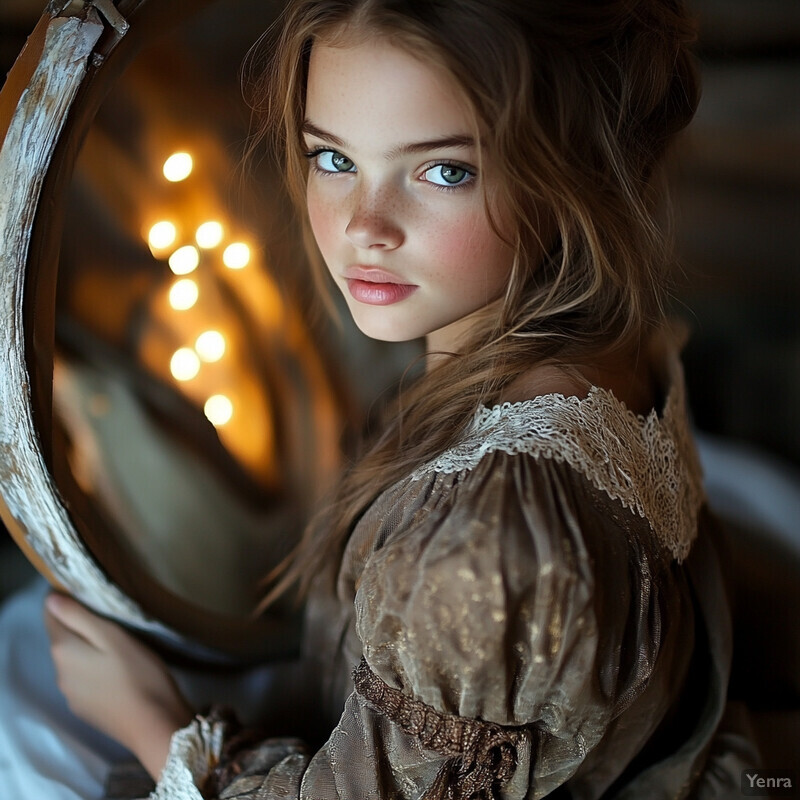 A young girl holds an old-fashioned mirror in front of a blurred room background.