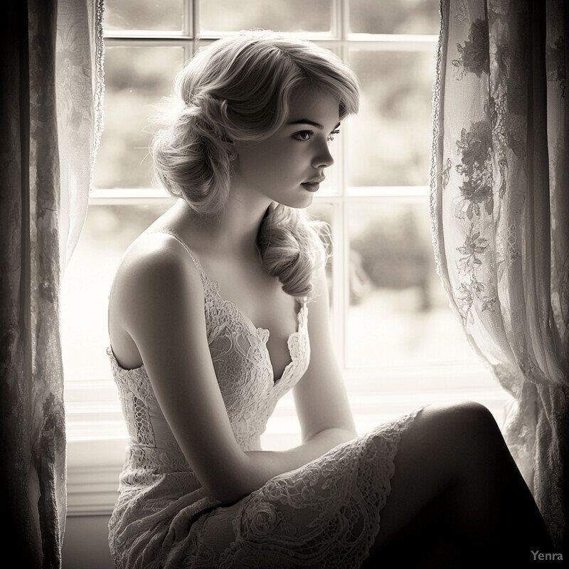 A woman sits by a window, exuding nostalgia and romance.