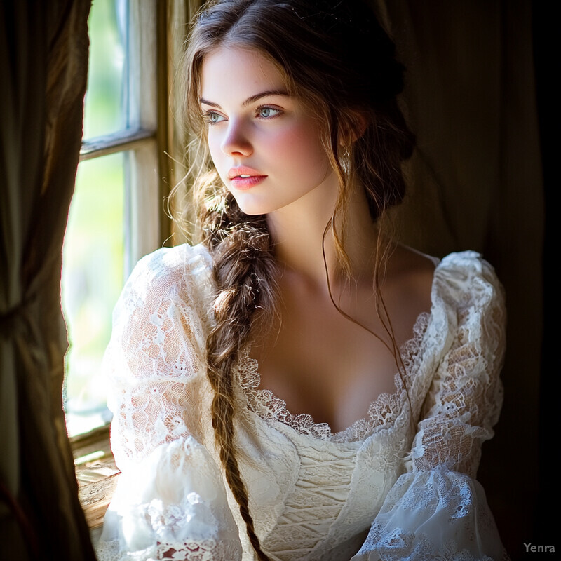 A young woman gazes out of a window, dressed in an off-white lace dress from the late 19th or early 20th century.