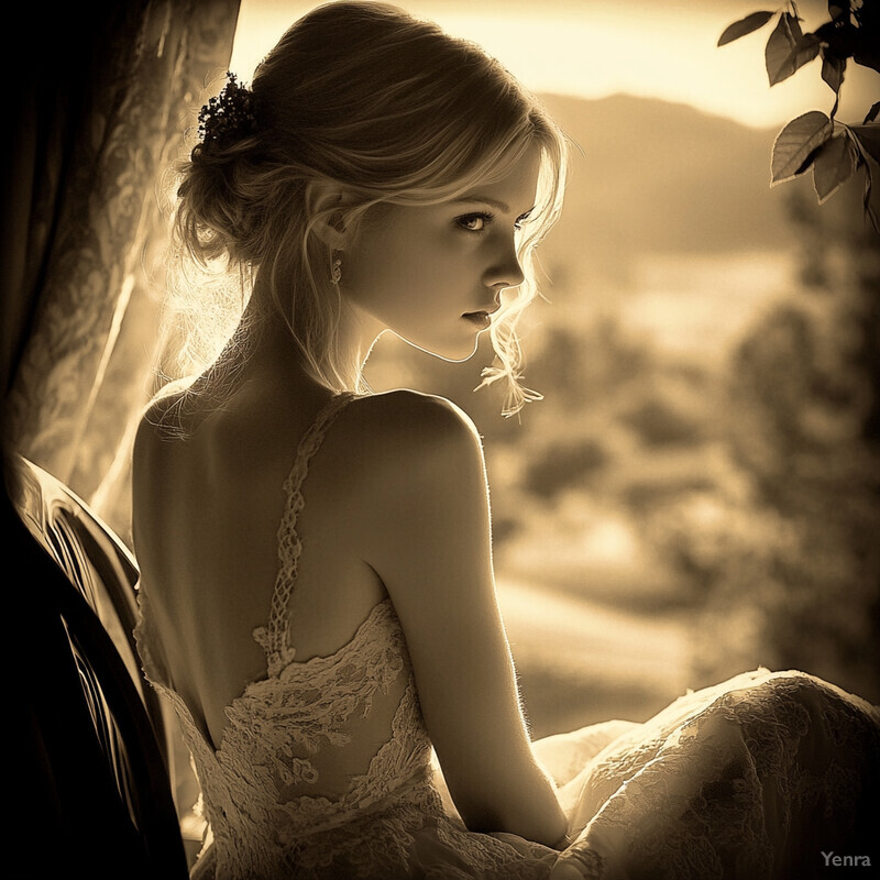 A woman sits in front of a window, gazing out at the landscape beyond.