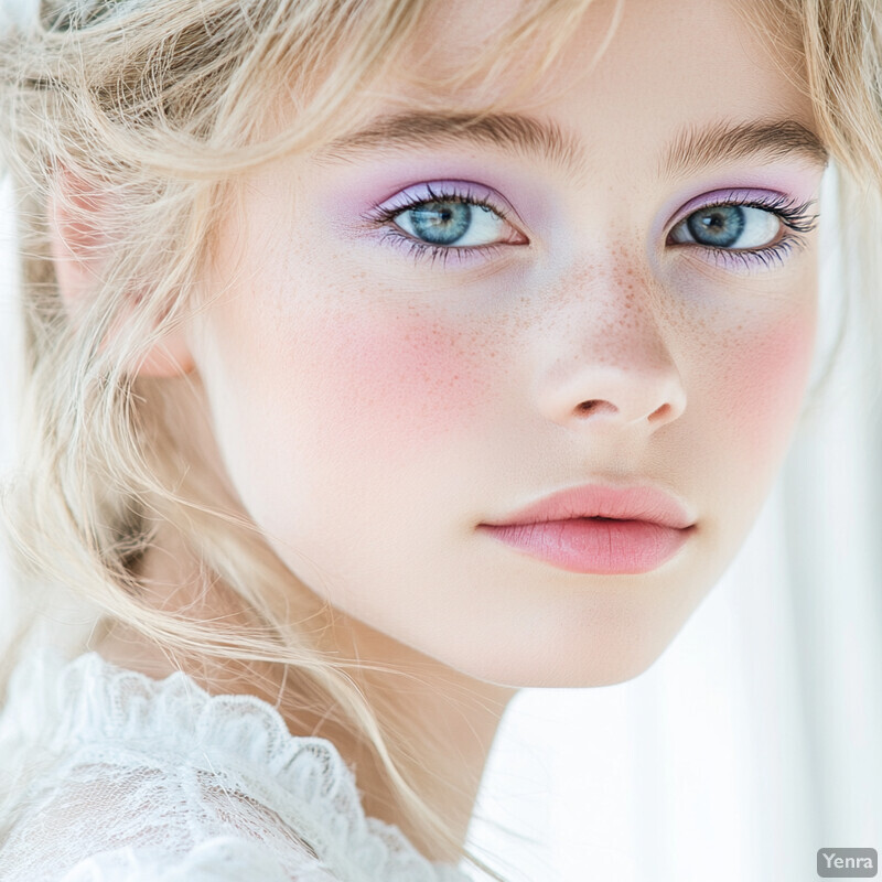 A close-up portrait of a young girl with blue eyes