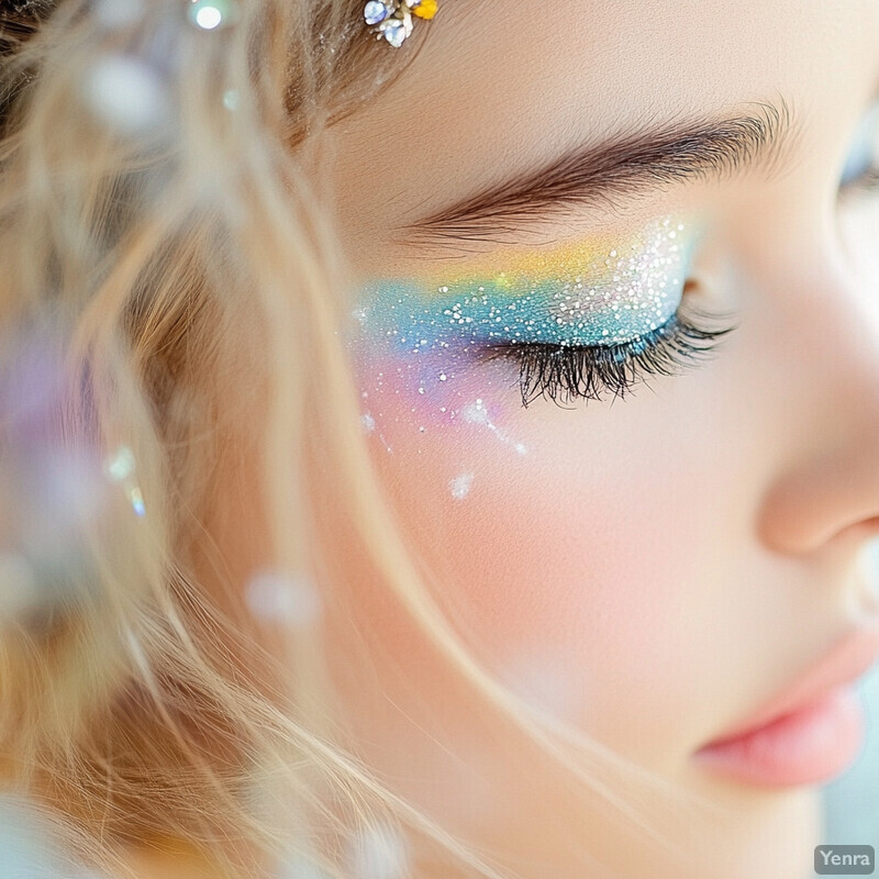 A close-up of a woman's face with vibrant pastel-colored eyeshadow and a blurred neutral background.