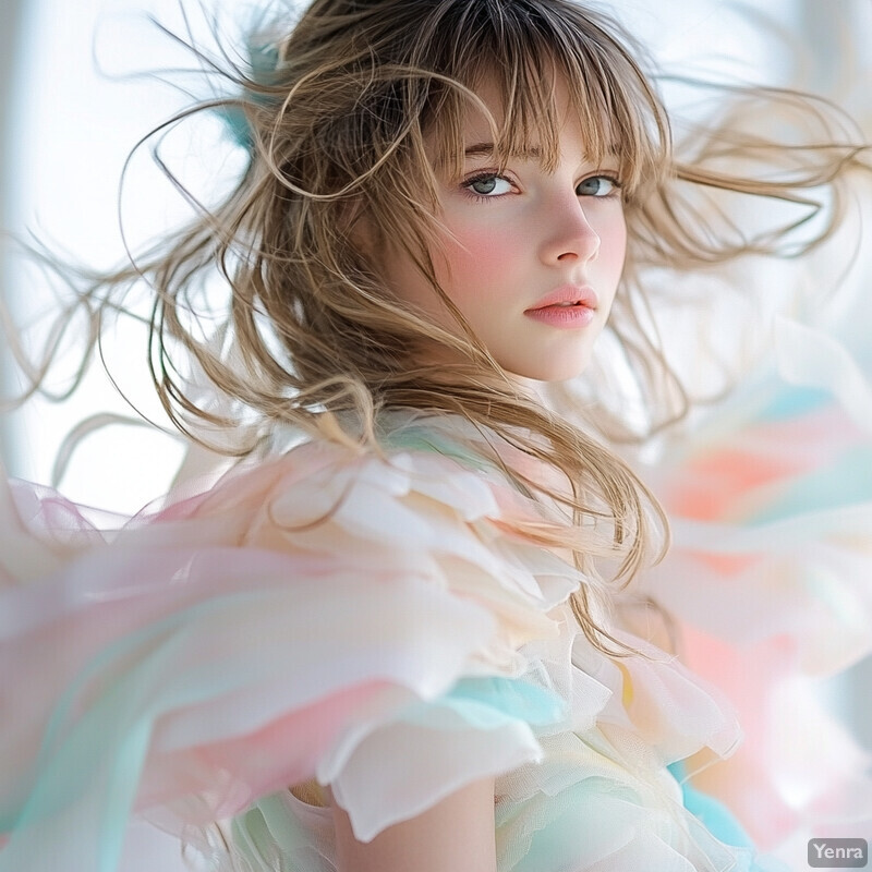 A young girl with long brown hair and bangs looks directly at the camera with an expression of curiosity or contemplation.