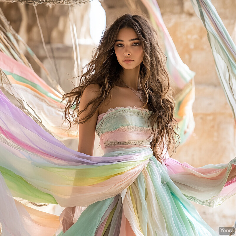 A young woman wearing a pastel-colored dress made of sheer fabric poses elegantly outdoors.