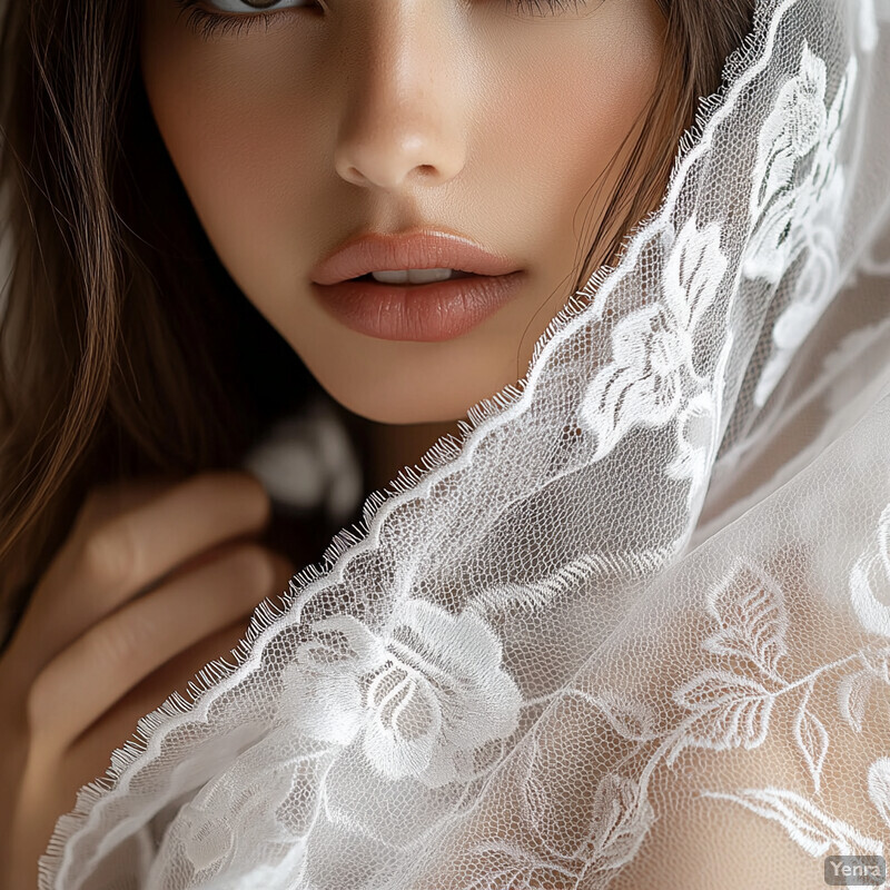 A woman wears a white lace headscarf in an intimate setting