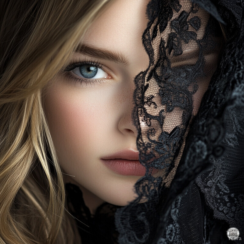 Close-up portrait of a young woman with blue eyes and blonde hair, wearing a black lace veil.