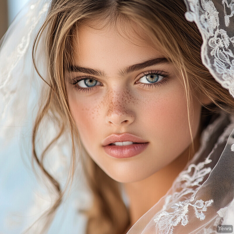 Close-up photograph of a young woman wearing a white lace veil.