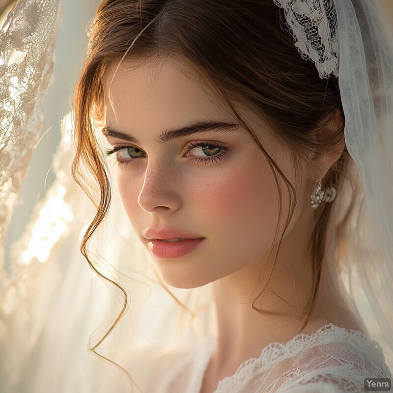 Young woman in wedding dress and veil, captured outdoors with soft lighting