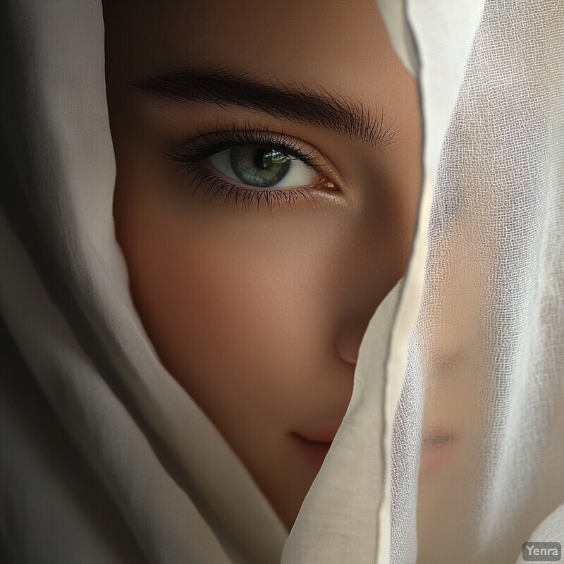 Close-up of a woman's face partially covered by white fabric