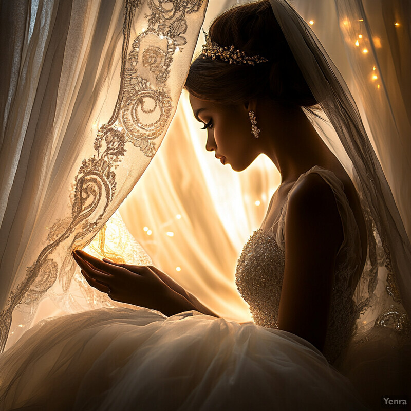 A woman in a wedding dress holding a glass jar with fairy lights, set against a softly blurred background with gold and cream tones.