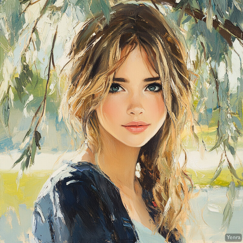 A serene oil painting featuring a woman amidst willow branches.