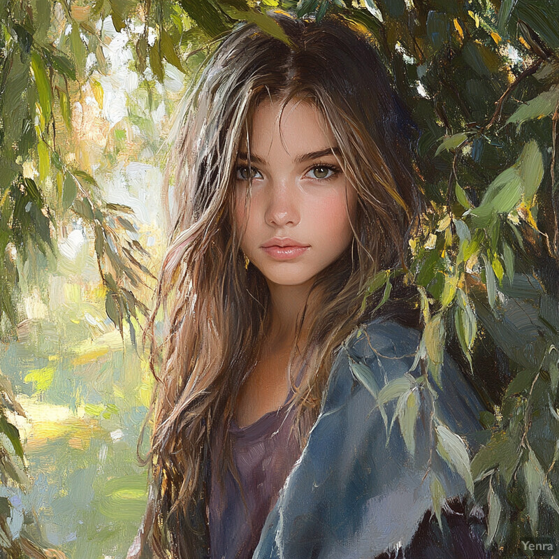 A young girl stands in front of a willow tree, surrounded by scattered leaves and branches.