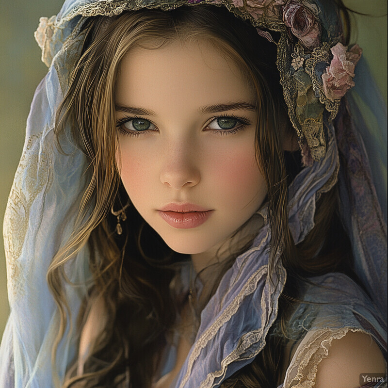 A young girl with long brown hair and green eyes sits elegantly in a blue dress with lace trim, exuding serenity and poise.