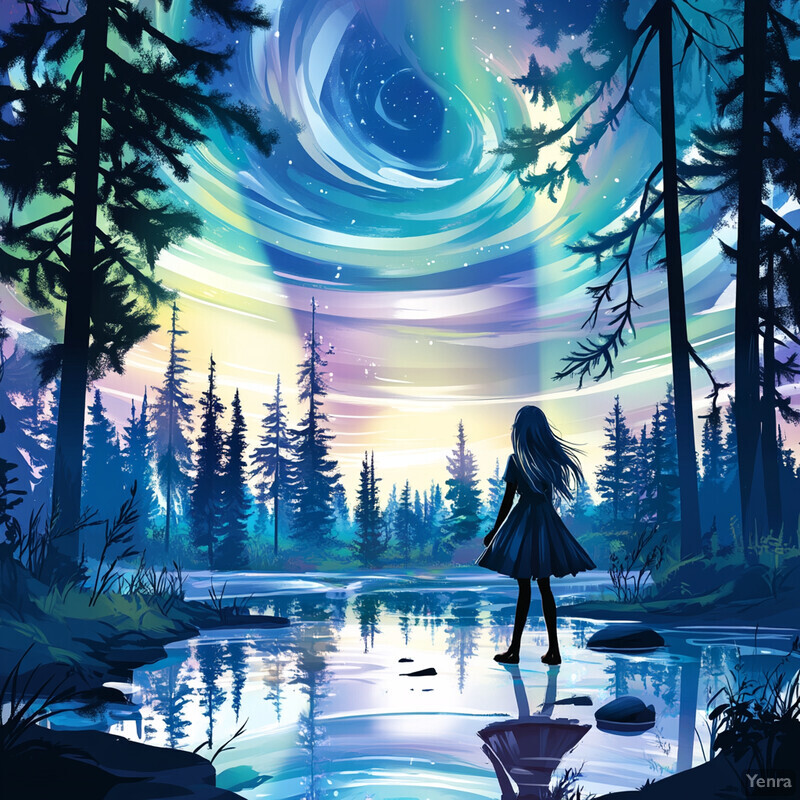 A serene scene of a woman standing by a river in a forest, gazing at the aurora borealis