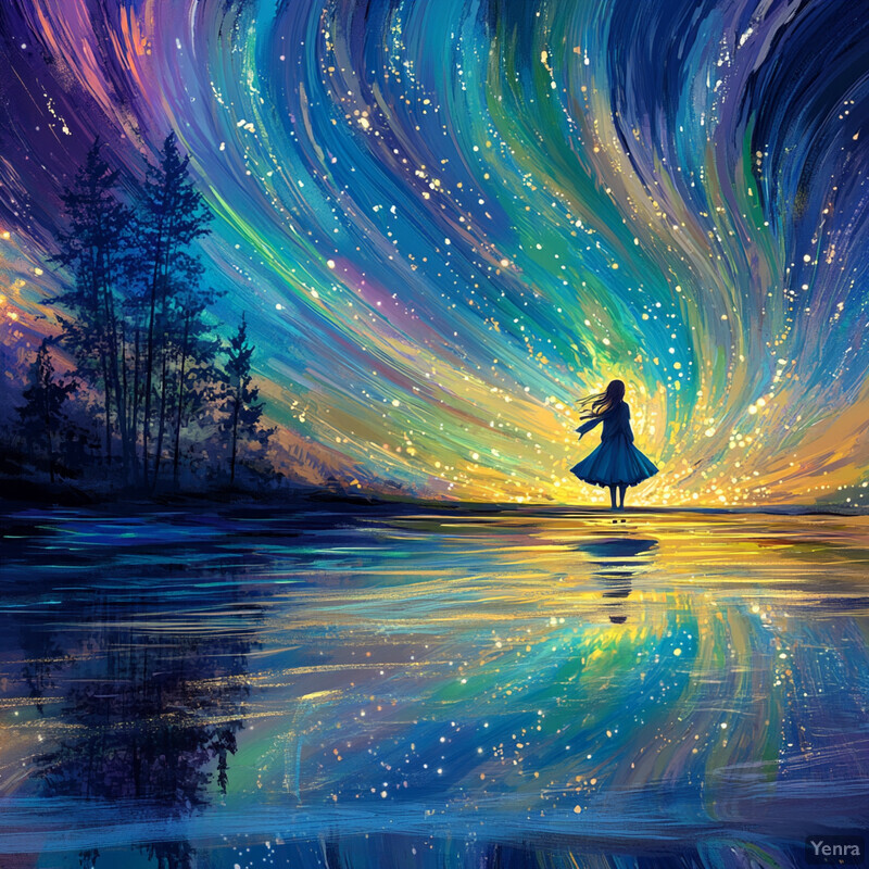 A serene and ethereal scene of a woman standing in a body of water, surrounded by vibrant colors and lights.